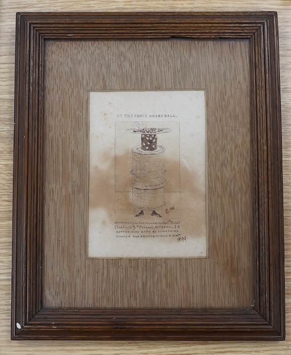 From the Studio of Fred Cuming. Late 19th century ink and watercolour cartoon, ‘At The Fancy Dress Ball’, initialled E W and dated 1899, 13 x 9cm. Condition - poor, discolouration